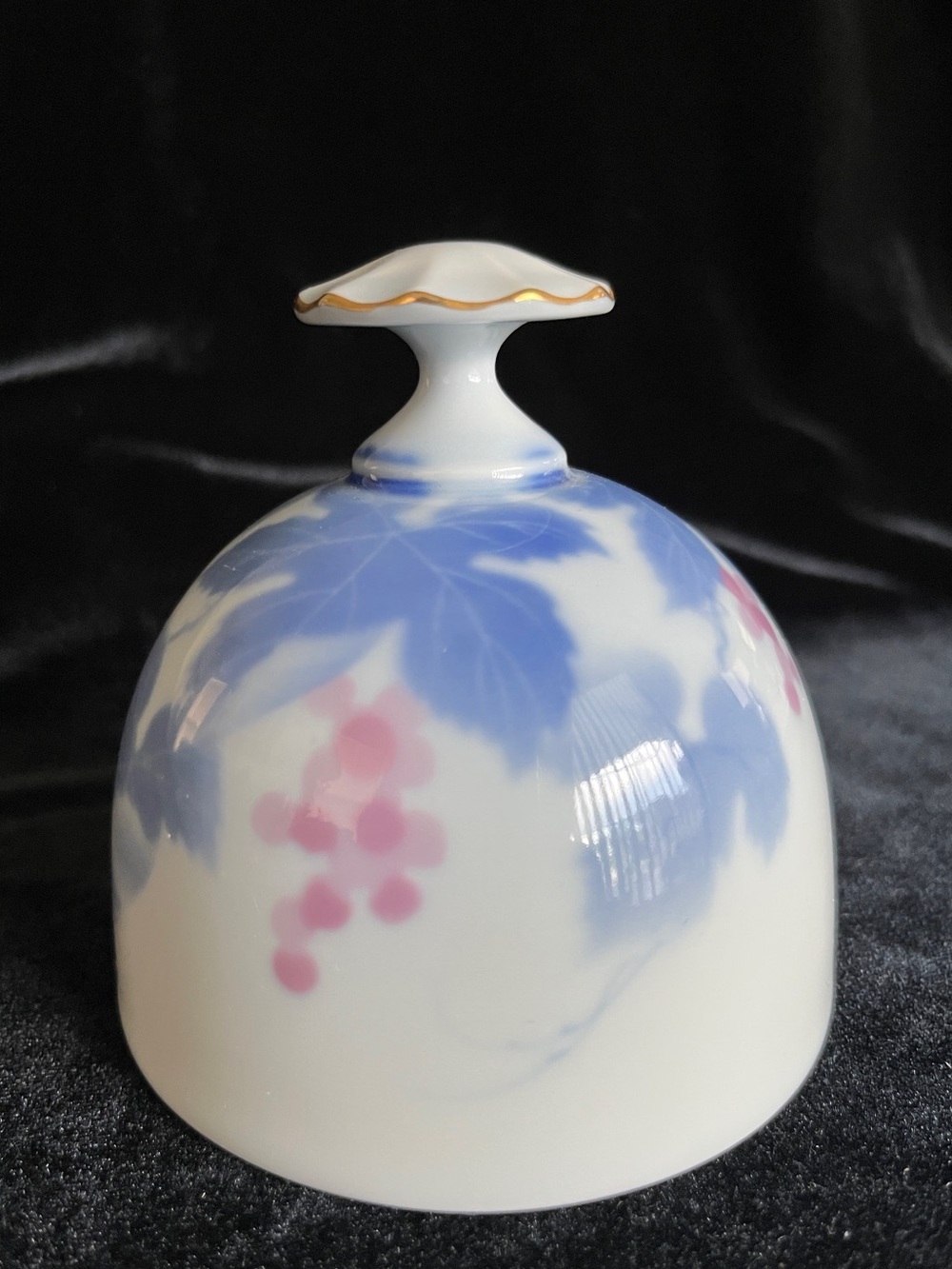 Fukagawa Japan White Porcelain Bell Gold Trim Blue Leaves Fruit Danbury Mint